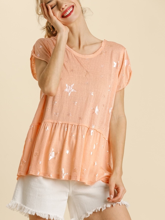 Umgee Tops - Umgee Peach Star Foil Peplum Top (New In Bag)